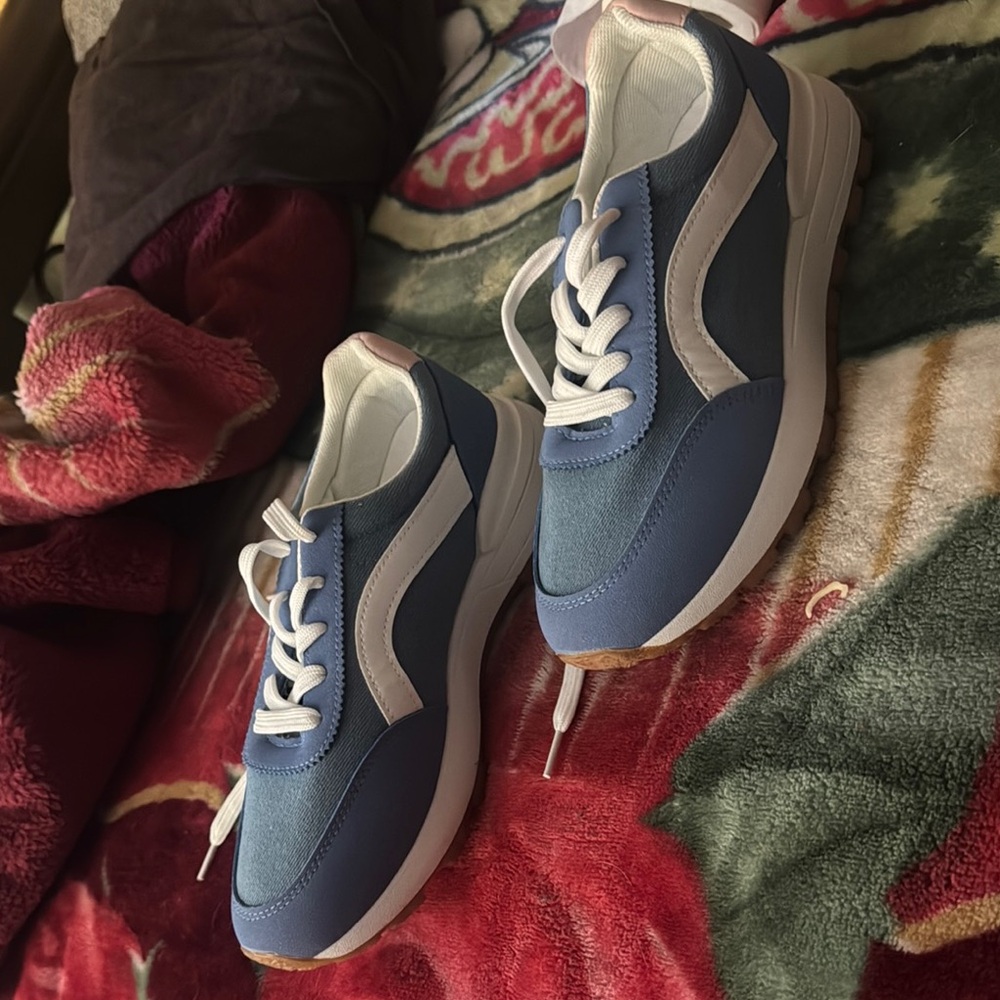 Blue and White Athletic Shoes